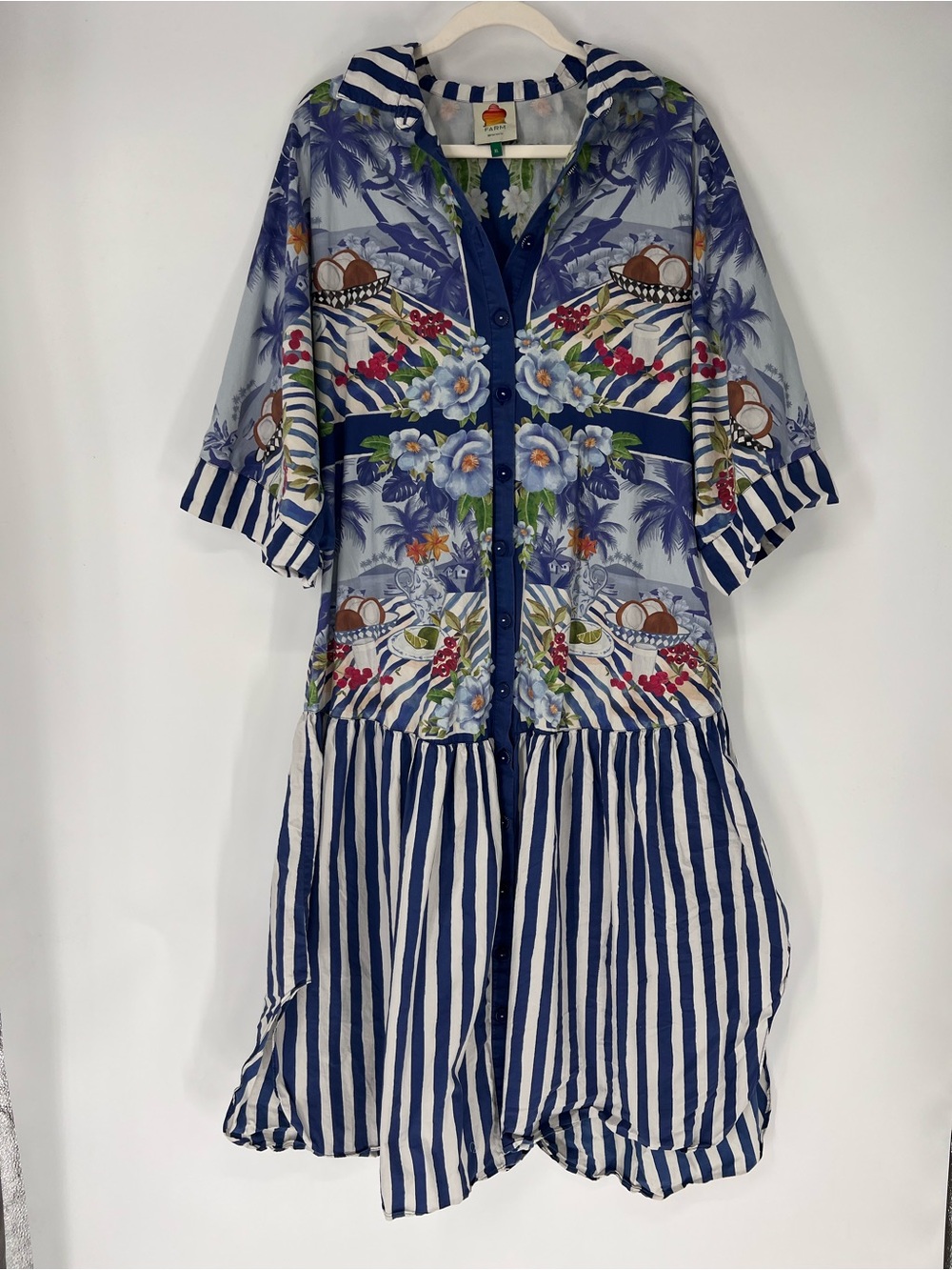 Farm Rio Blue Striped Tropical Button Front Floral Boho Resortwear Midi Dress XL